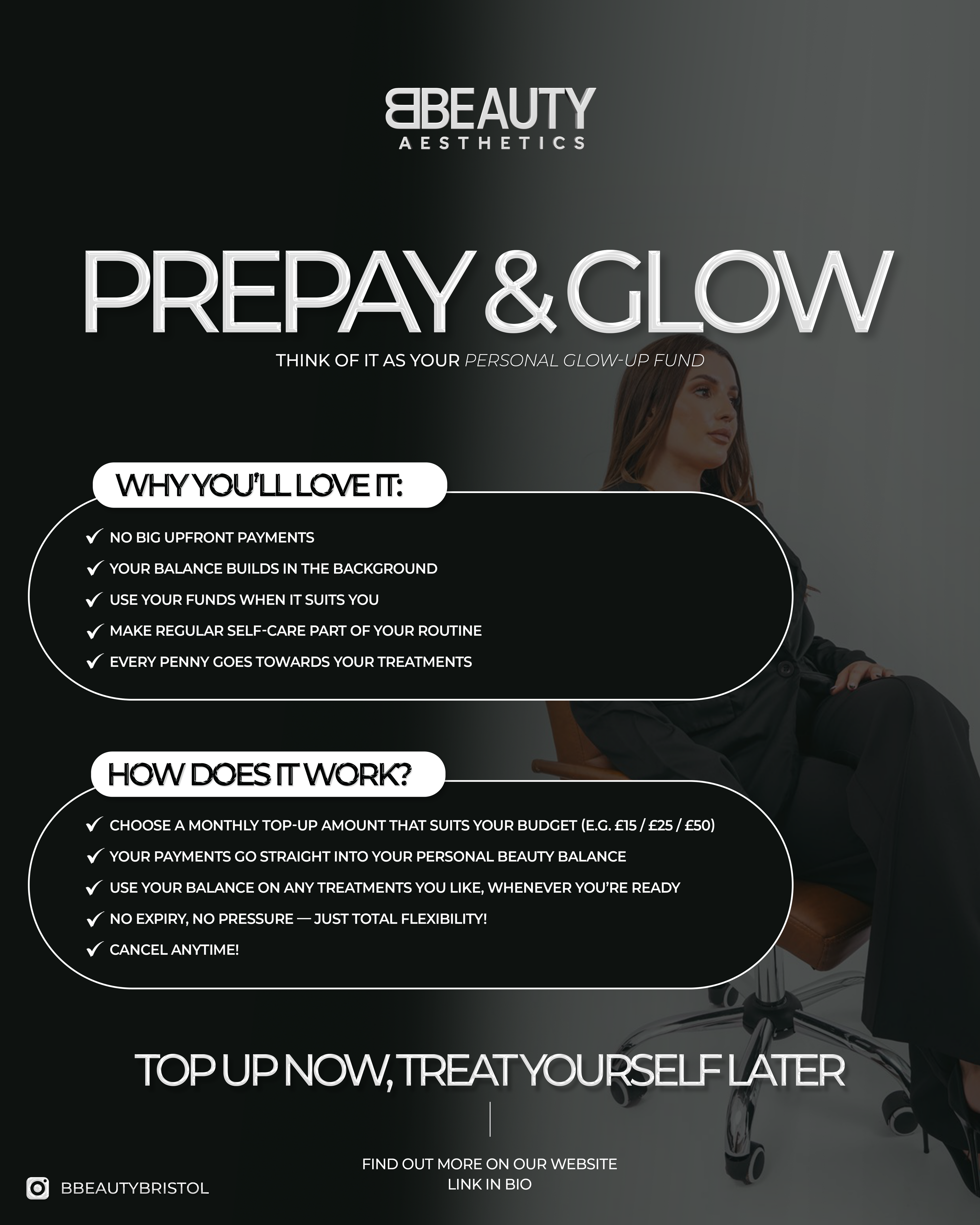 Advertisement for a beauty service with text and a blurred background