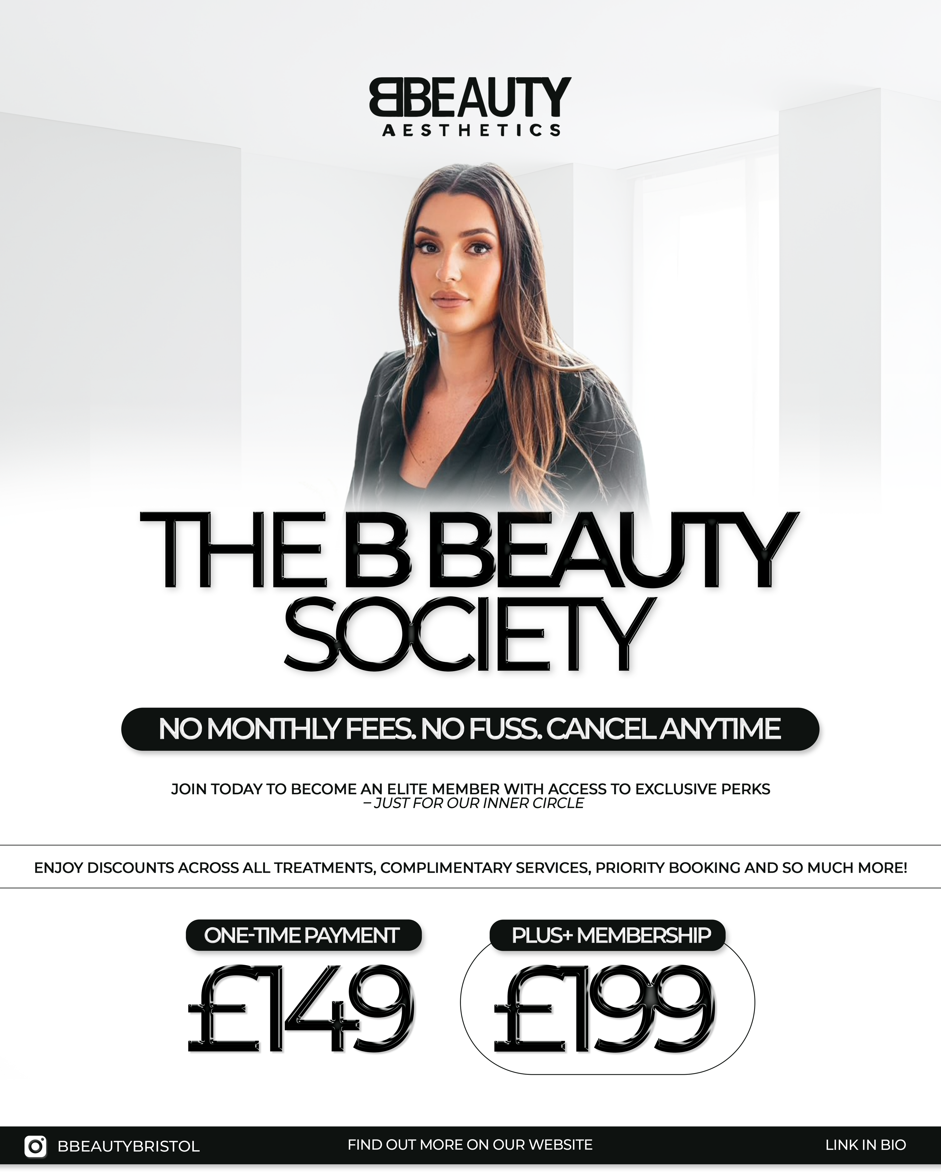 Advertisement for B Beauty Aesthetics with a woman's portrait and promotional text.